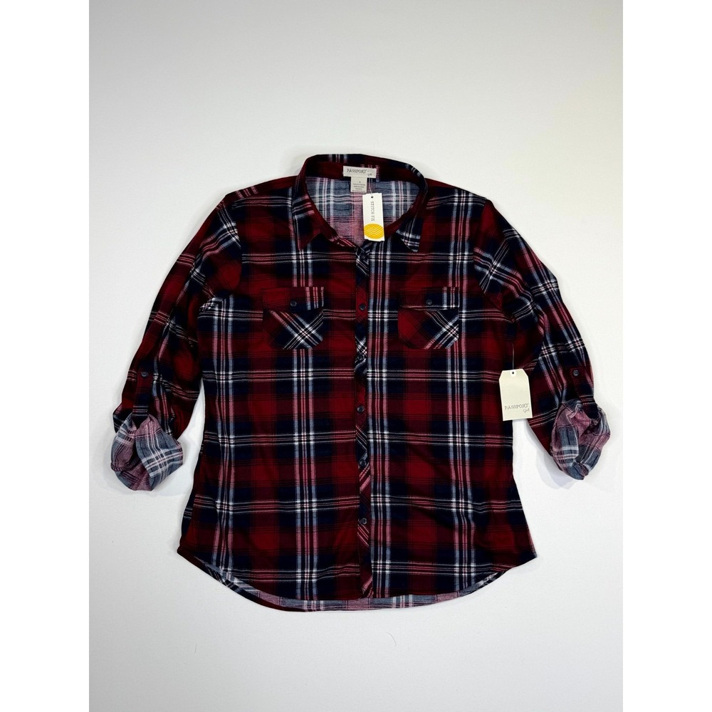 Passport Stitch Fix Shirt Girls 16 Red Multi Plaid Roll Tab Sleeve Button Up Top